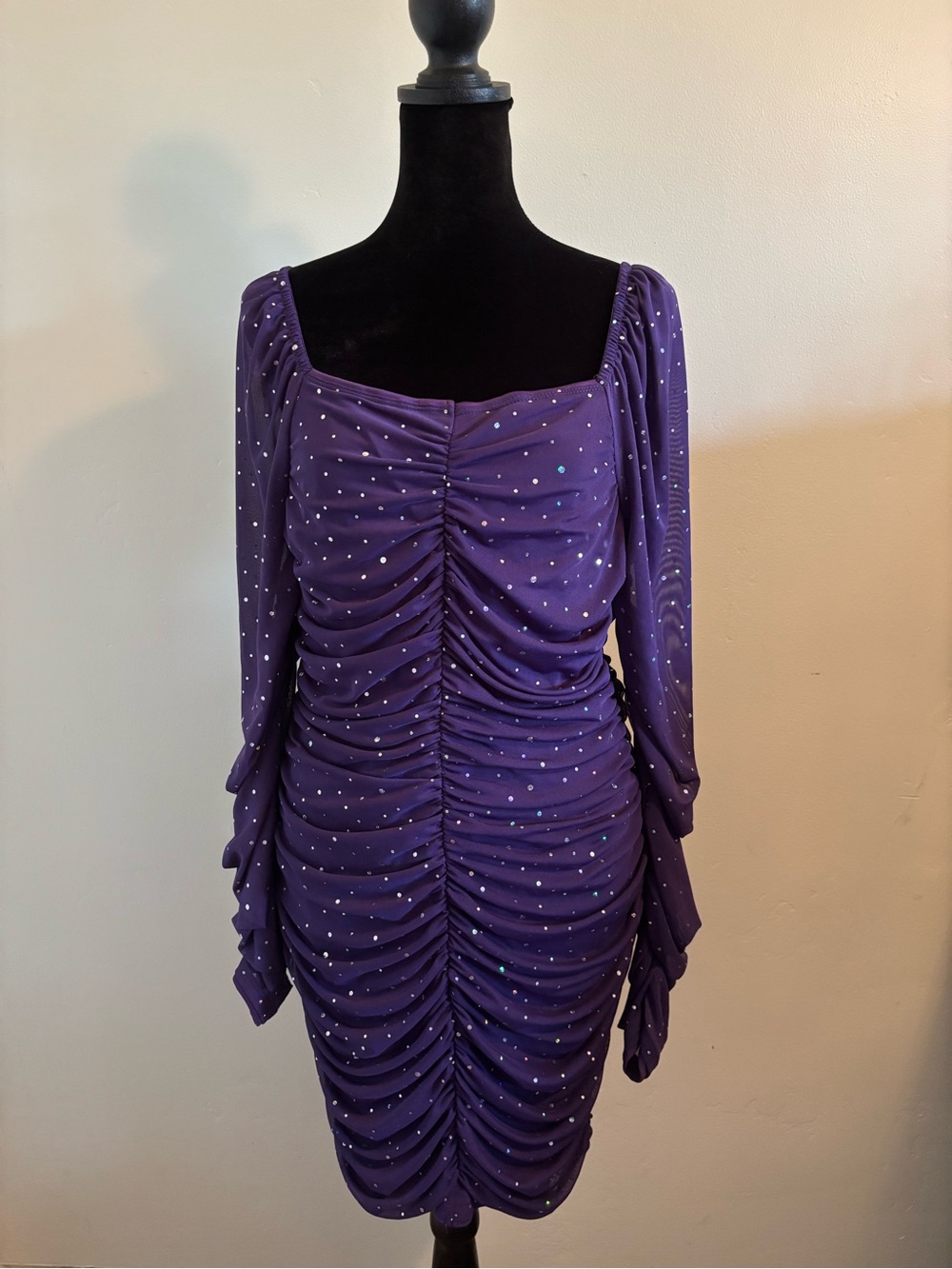 SHEIN Purple Ruched Long-Sleeve Sparkle Dress